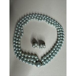 Vintage Japan Faux Pearl 3 Row Necklace Matching Clip On Earrings Light Blue